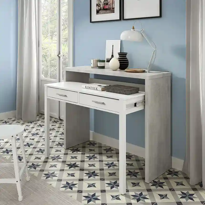 Mesa de escritorio SIRA extensible 88x99x36 cm cemento y blanco artik 1 Mesa escritorio extensible sira blanco cemento 001