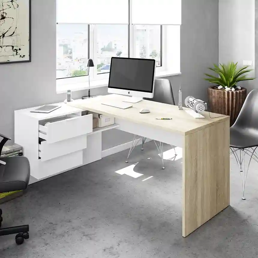 Mesa escritorio work 144x120x53 cm blanco artik y roble 1 Mesa escritorio reversible 001