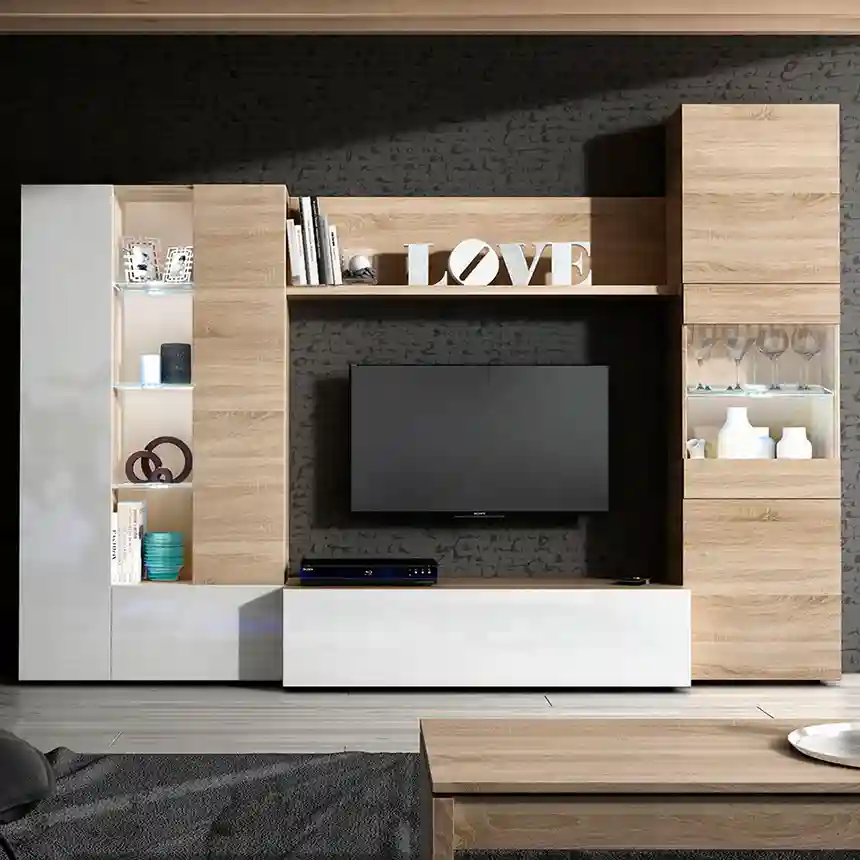 Mueble salón Wunder 260x185x42cm roble canadian/blanco brillo 1 Mueble para tv wunder 002