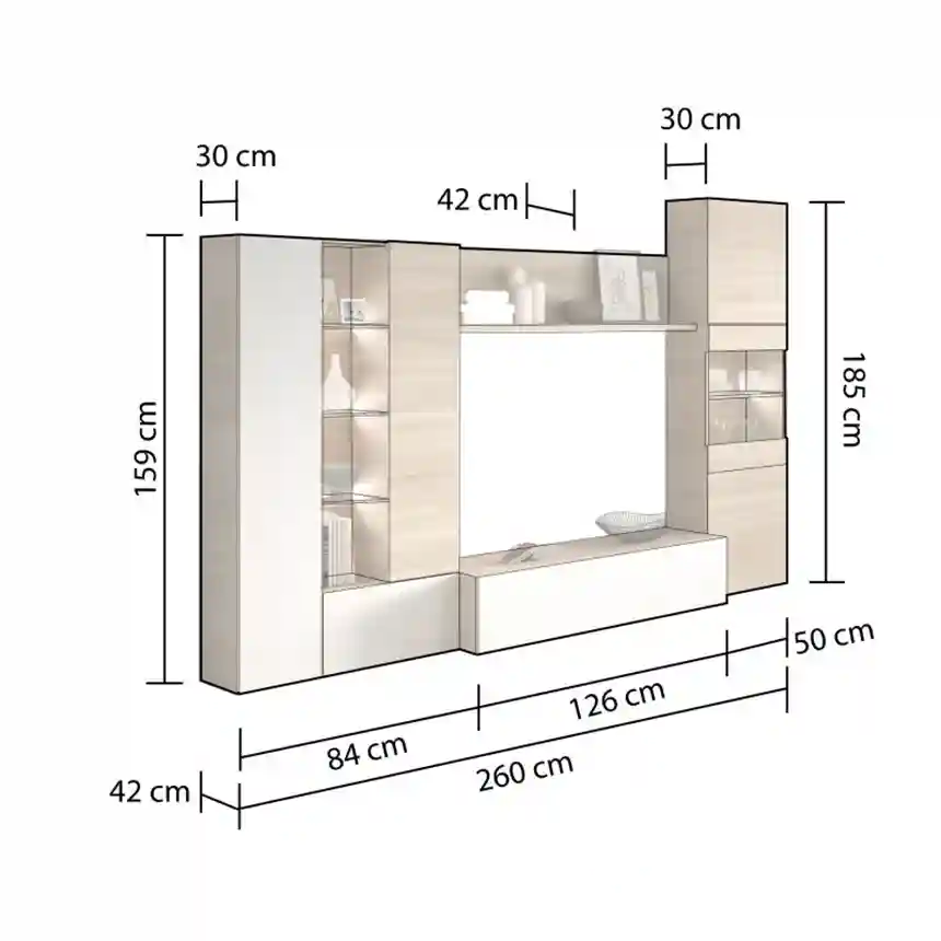 Mueble salón Wunder 260x185x42cm roble canadian/blanco brillo 3 Mueble para tv wunder 003