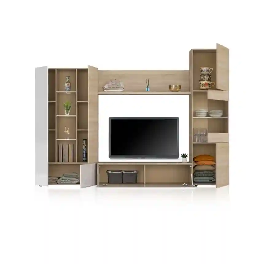 Mueble salón Wunder 260x185x42cm roble canadian/blanco brillo 2 Mueble para tv wunder 004